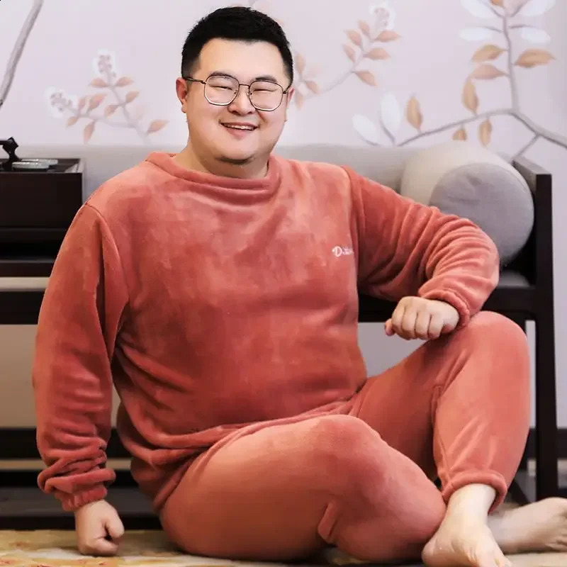 Winter Sleepwear Coral Velvet Warm Sleepwear Set Thick Long Sleeve Large Size 85kg Outer Sleepwear Elastic Waist Trouser Sleepwear Set 241009