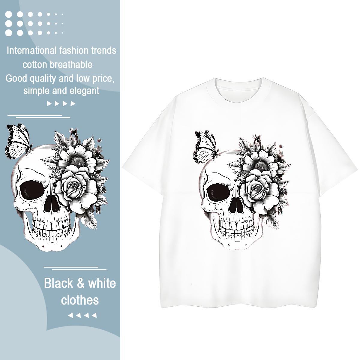 Fashion New T Shirts Women 100% Cotton 230g O-Neck Short Sleeve Hip Hop Street flower Womens Tshirts High quality Cartoon Floral Printing Polos