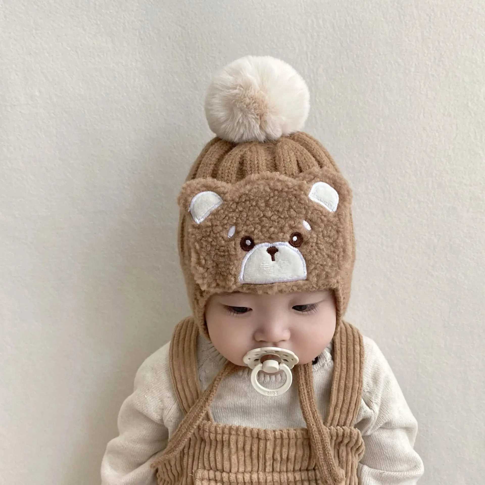 Baby Earmuff Hat Cute Bear Infant Knitted Cap Winter Pompom Kids Ear Protection Hats Toddler Thicken Woolen Caps LX241018