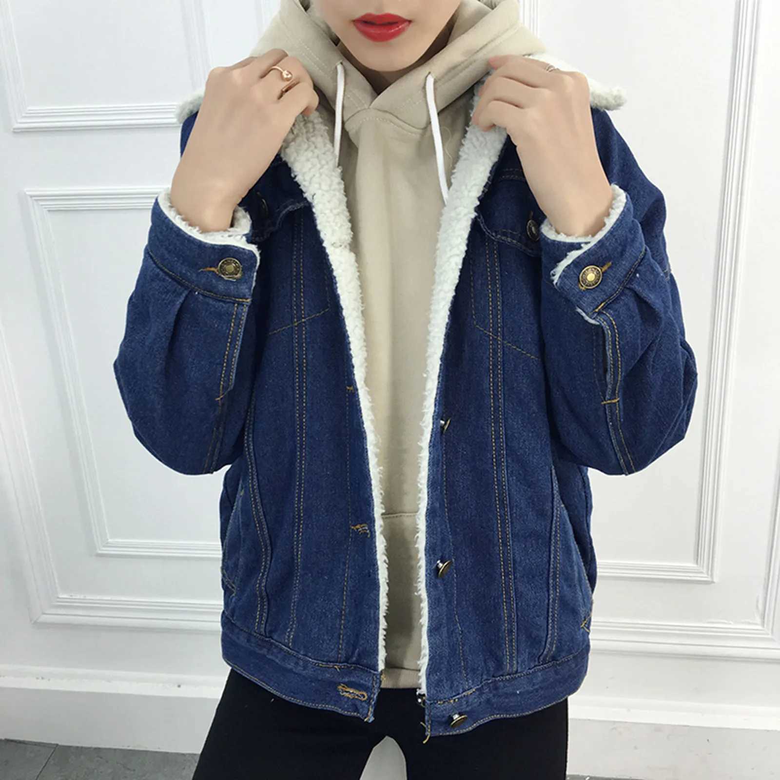 Vintage Women Lambswool Denim Jacket Women Autumn Winter Thicken Fleece Warm Denim Jacket Punk Long Sleeve Casual Loose OutwearX241018