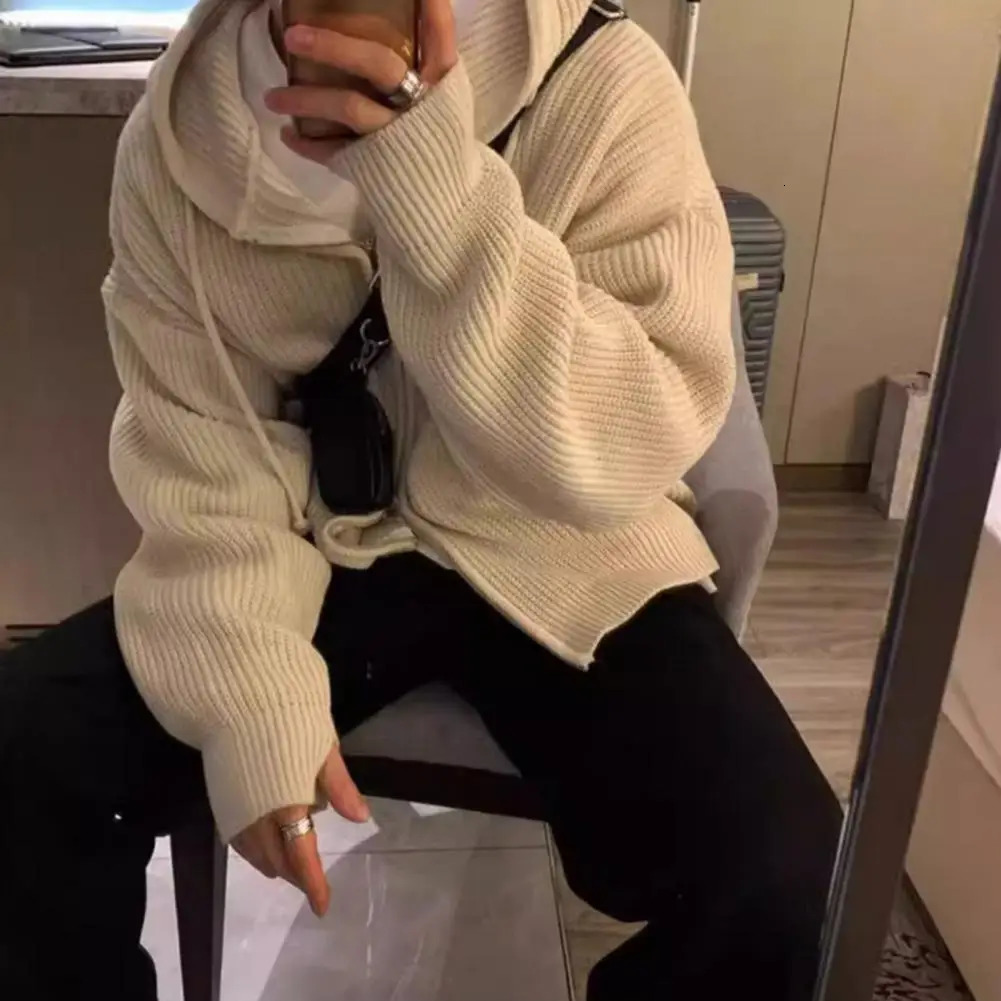 Men Fall Winter Sweater Coat Hooded Drawstring Loose Zipper Closure Long Sleeves Retro Knitted Jacket 241018
