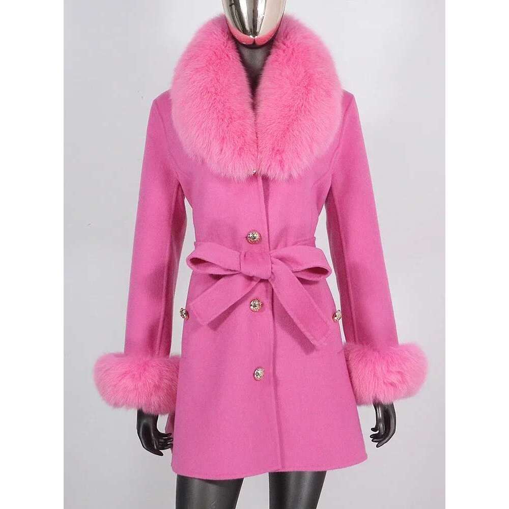 2024 New Winter Jacket Women Cuffs Belt Cashmere Wool Woolen Outerwear Fashion Streetwear Real Coat Natural Fox Fur Collar