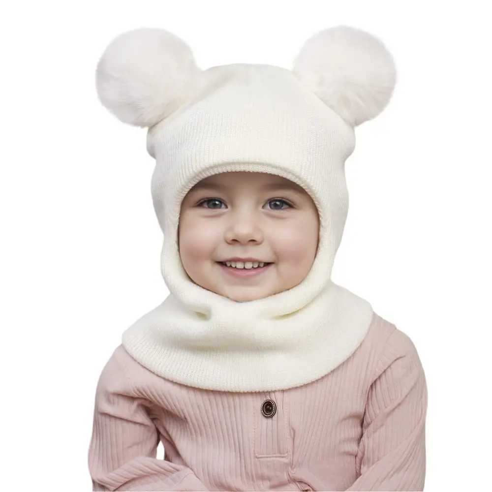 New Cute Balaclava Hats Children Double Balls One-piece Hat Scarf Boys Girls Autumn Winter Pompom Ball Wool Cap LX241018