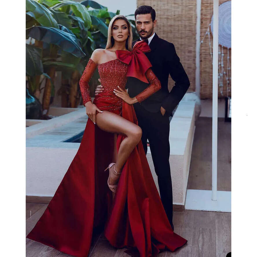 Red Wedding Thigh Sleeve High Dress With Long Slits One Shoulder Applique Lace Bow Formal Ocn Custom Made Or Length