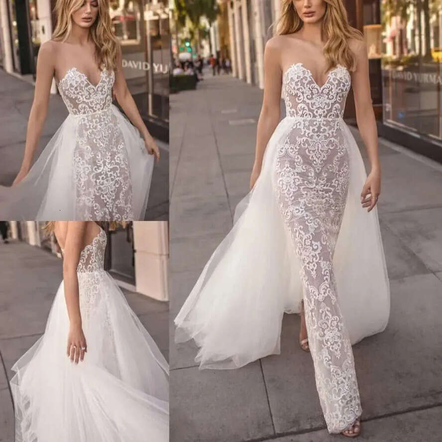 Sweetheart By Neck Muse Berta Dresses Sheer Full Lace Applique Bridal Gowns Summer Or Length Wedding Dress With Overskirt