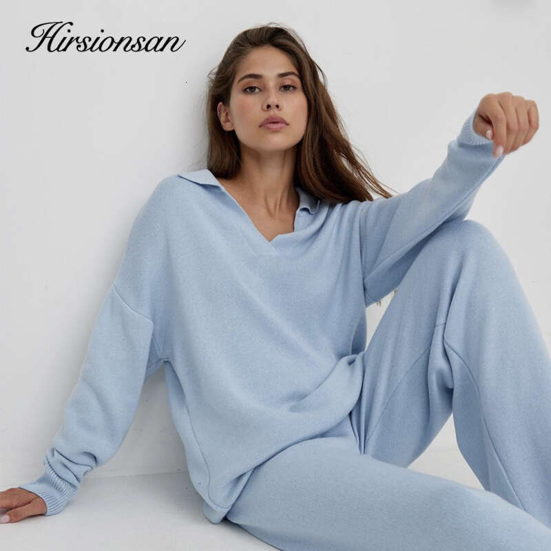 Hirsionsan Winter Thick Women Suits Soft 2 Pieces Cashmere Female Sets Polo Neck Sweater & Wide Leg Pants Knitted Outfit