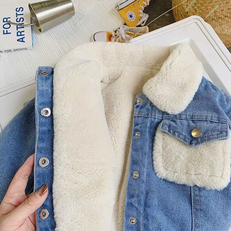 Childrens denim jacket new girls plush and thick denim jacket Korean boys baby cotton jacket autumn and winter clothing M241018