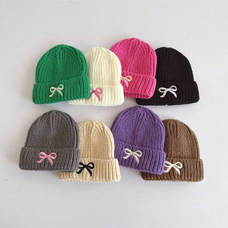 Korean Bow Embroidery Baby Knit Pullover Hats Autumn Winter Soft Woolen Warm Beanies for Boy Girl Outdoor Anti-Cold Kids Bonnets LX241018