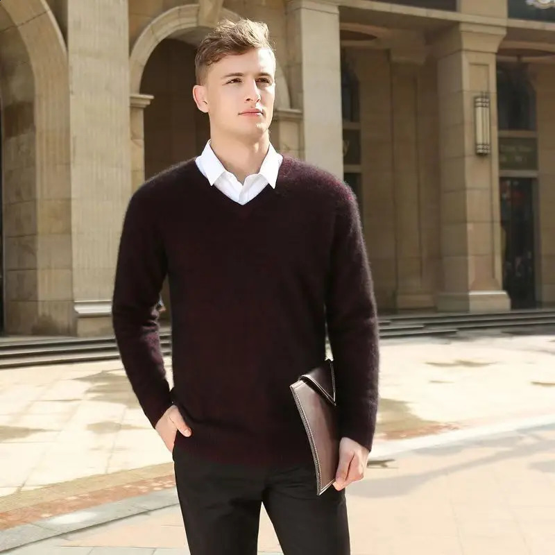 Autumn and winter pure mink cashmere sweater mens V-neck zipper thick plus size knitted bottom sweater 241018