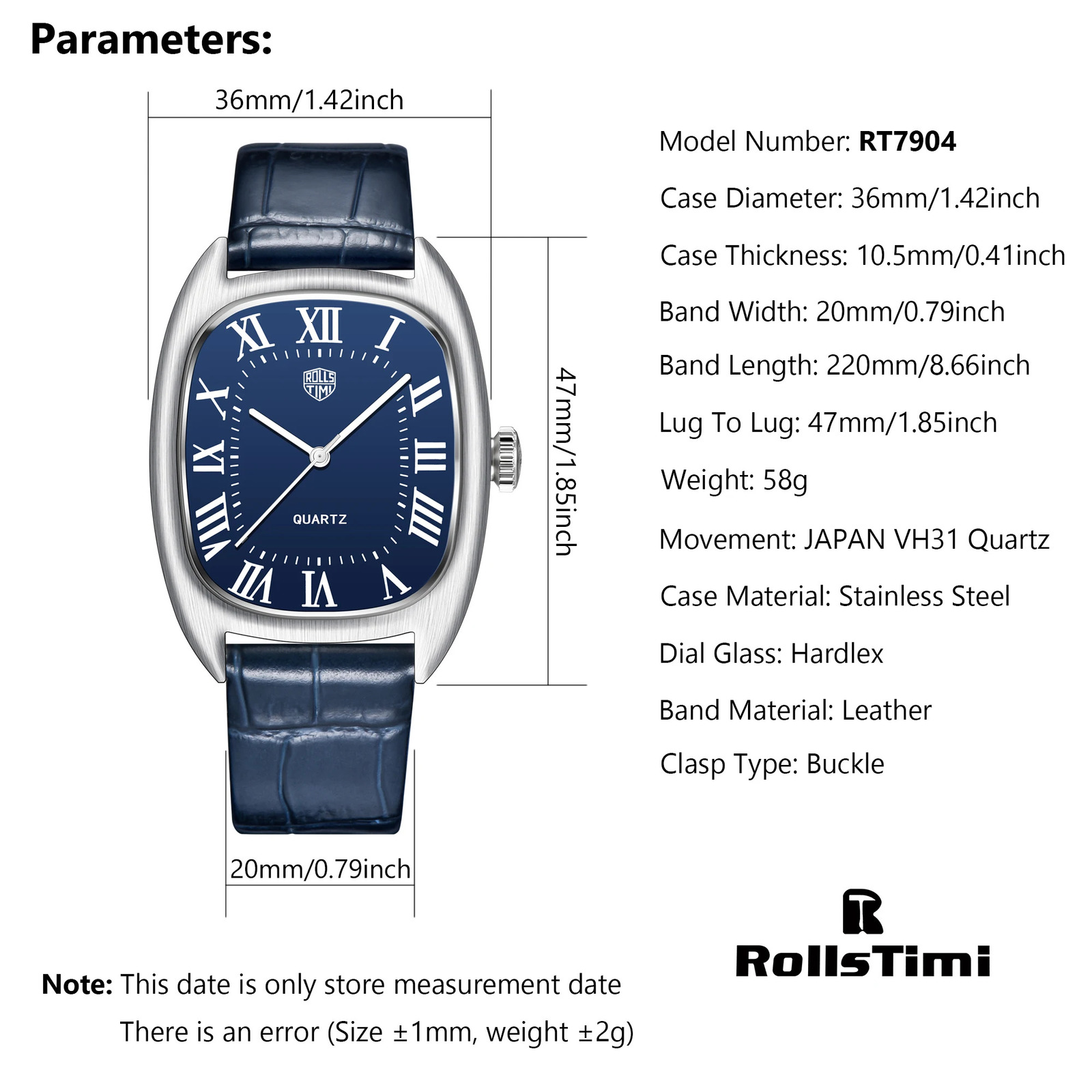 RollsTimi Mens Watch y Quartz Stainless Steel Waterproof Sports Leather Gift Reloj Hombre 241009