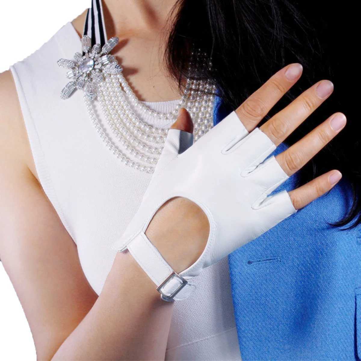 Womens white gloves finger leather sheepskin half finger Buck short sleeved outdoor driving bicycle glovesW241018