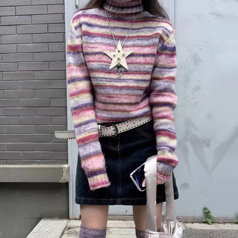 Karrram Japanese Y2k Turtleneck Sweater Vintage Rainbow Striped Pullover Korean Fashion Knitted Jumper Harajuku Grunge Knitwear 241010