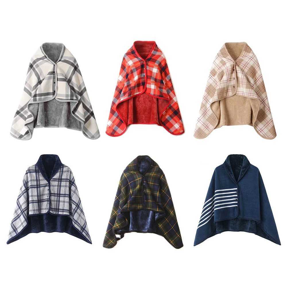 Wearable flat patterned blanket wool double-layer blanket with buttons thick multifunctional warm throw blanket in winter used for sofa bed X241018