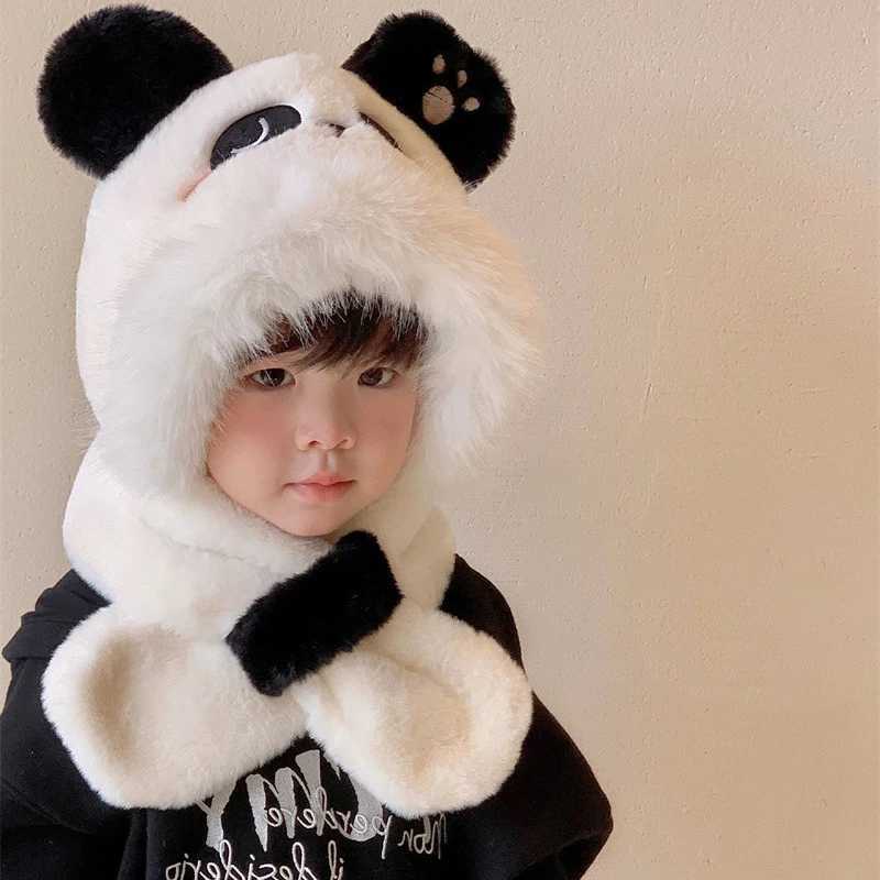 Panda Children Plush Hat Scarf One-piece Ear Protection Cap 2-8year Kids Cross Neckerchiefs Winter Warm Toddler Beanies LX241018