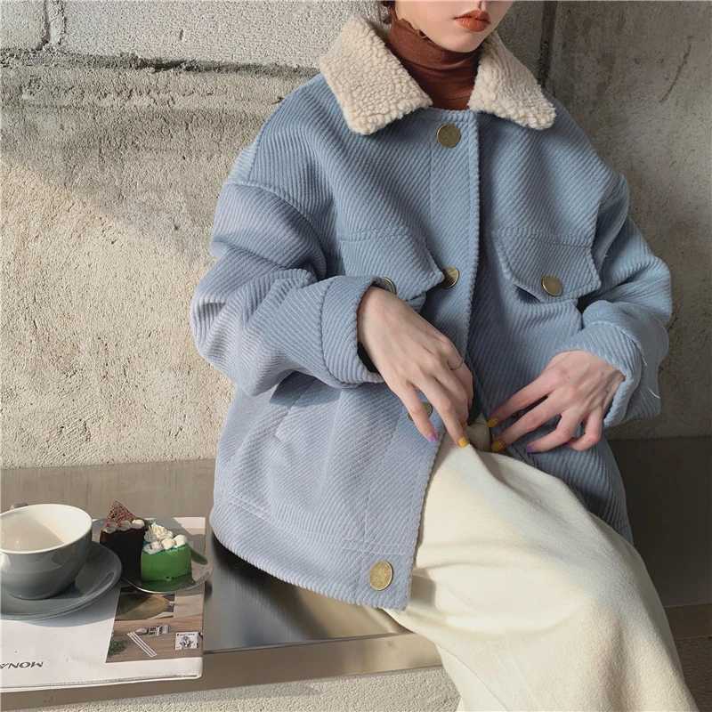 LMQ NEW Winter Women Parkas Lamb Wool Lapel Thick Warm Padded Coat Female Solid Chic 2020 Casual Long Sleeved Tops Loose JacketX241018