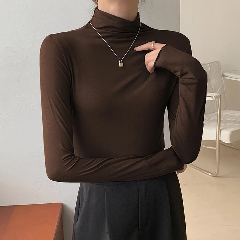 High Collar Modal Autumn Winter Women Base Shirt Casual Solid Long Sleeve Slim Stretch Tshirt Ladies Fashion Tops 241018
