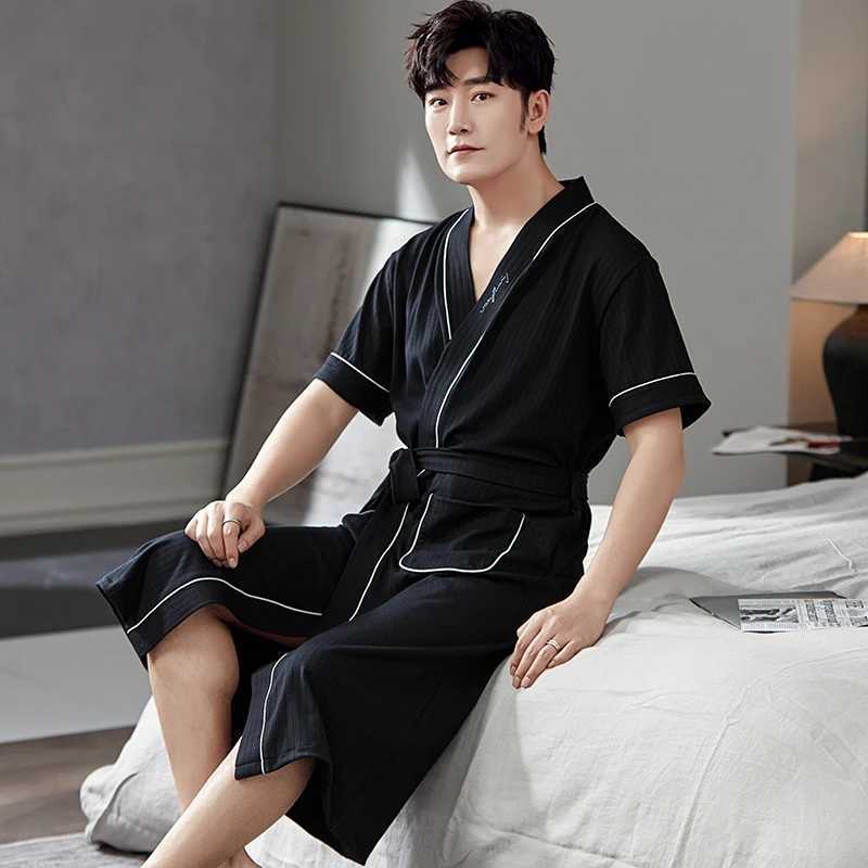 Big Yards L - 4XL Pajamas Mens Full Pure Cotton Knited Robes Sexy V-Neck Short Sleeve Bathrobe Male Solid Color Nightgown LoungeXJ241018