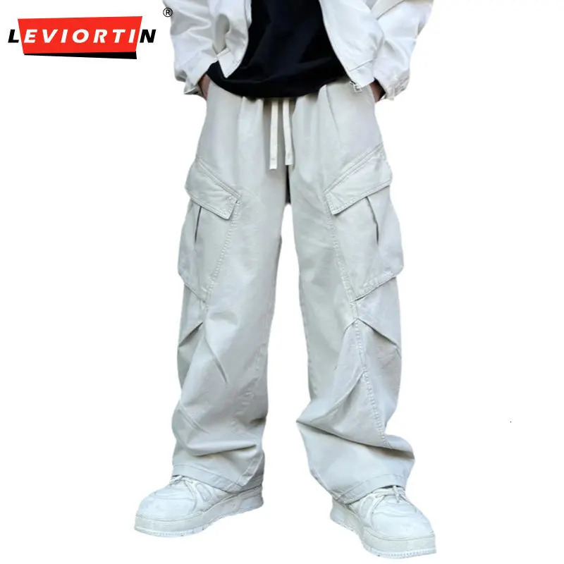 Vintage Straight Leg Pants For Men 100% Cotton Wide Cargo Pant Casual Baggy Large Pockets Paratrooper Trousers Streetwear 241018