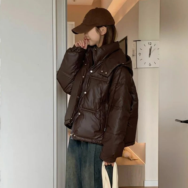 Rimocy American Vintage Brown Short Jacket Woman Fashion Warm Long Sleeve Parkas Autumn Winter Hooded Puff Coats 241018