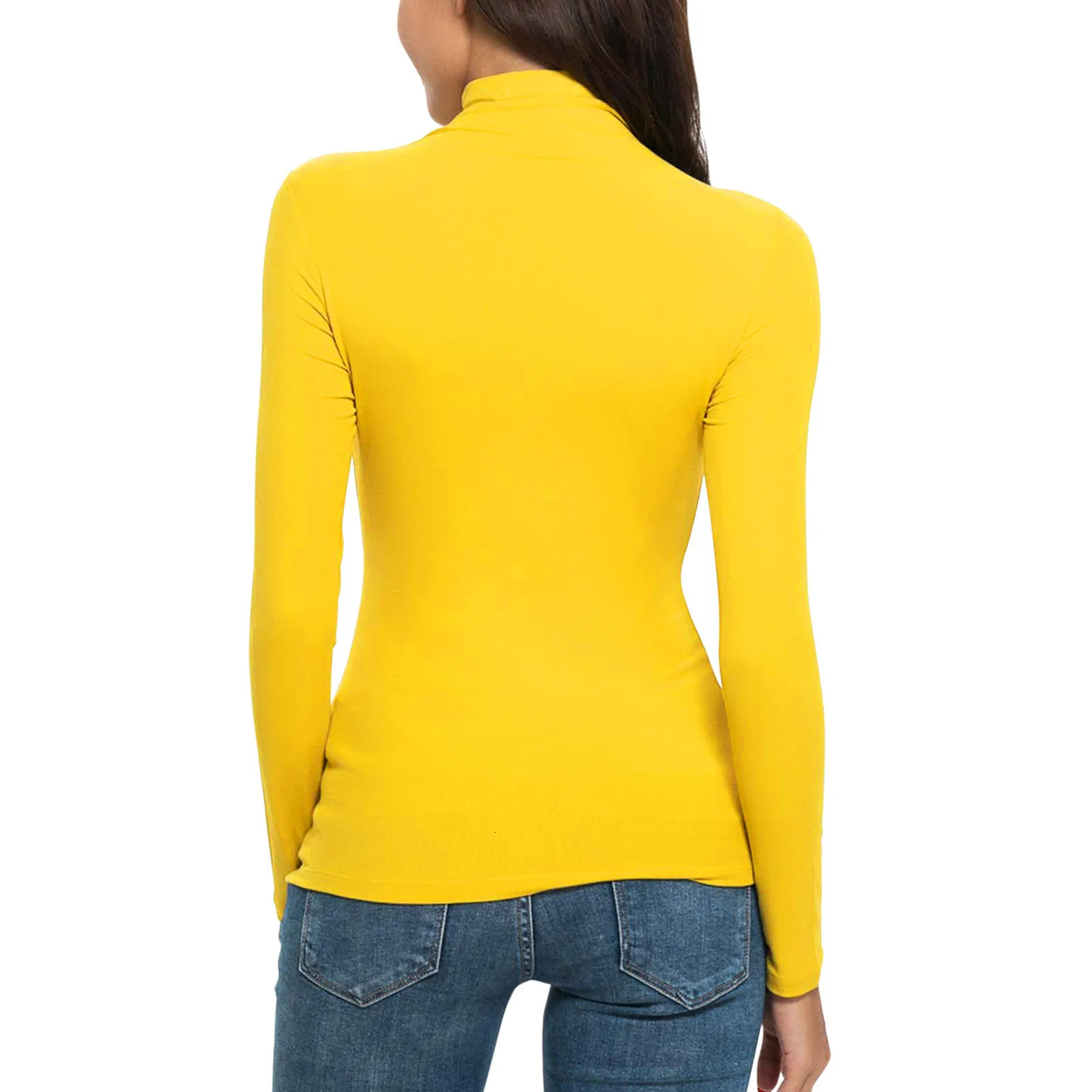 Turtleneck Women Basic TShirt Casual Solid Long Sleeved Blouse Tops Slim Fit Stretchy Versatile Tee Shirts Yellow Black T Shirt 241018