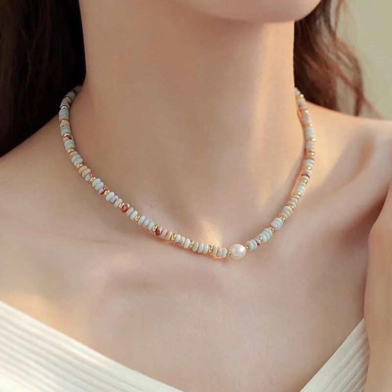 Minar Boho multi-color natural stone crystal freshwater pearl bead necklace suitable for women 14K pure gold copper plated necklace 241018
