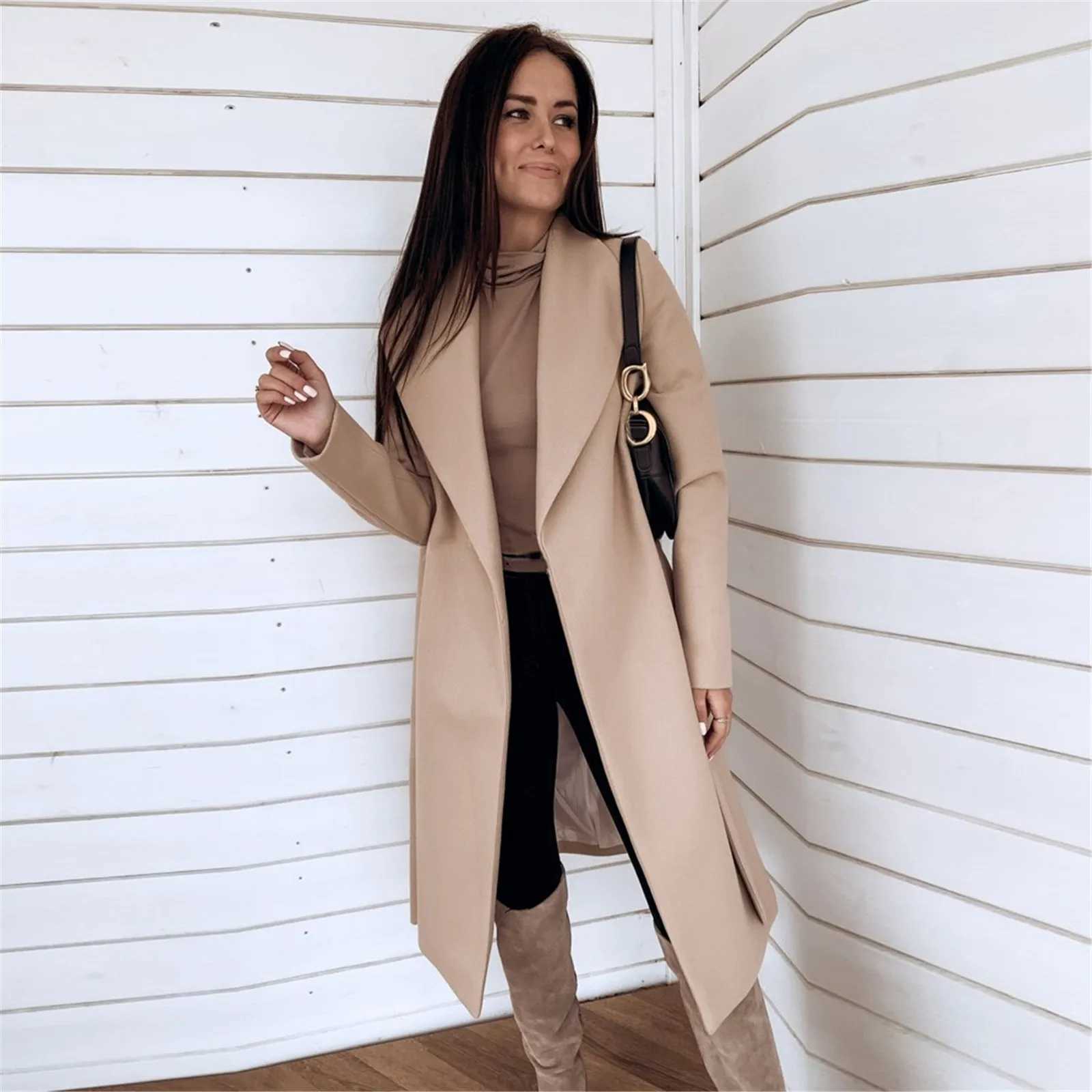 Womens Woolen Cardigan Coat Autumn Winter Solid Color Long Sleeve Lapel Warm Midi Trench Coat Single-Breasted Womens JacketX241009