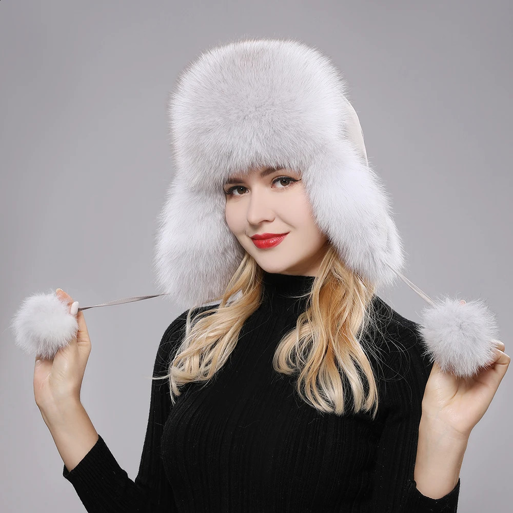 2024 100% real fox fur hat for women Russian Usanka pilot hunter snow skiing hat earmuffs winter raccoon fur bomber hat 241106
