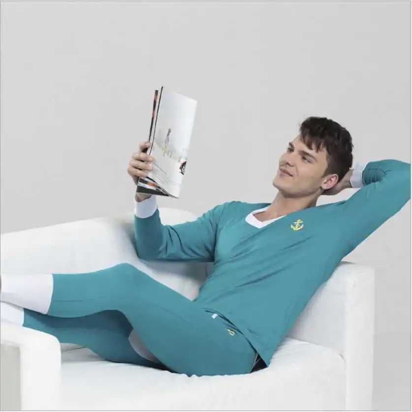 Men's Thermal Underwear 1 set of high-quality mens autumn/spring cotton long Johnson suit V-neck comfortable hot underwear sexy elastic warm unde