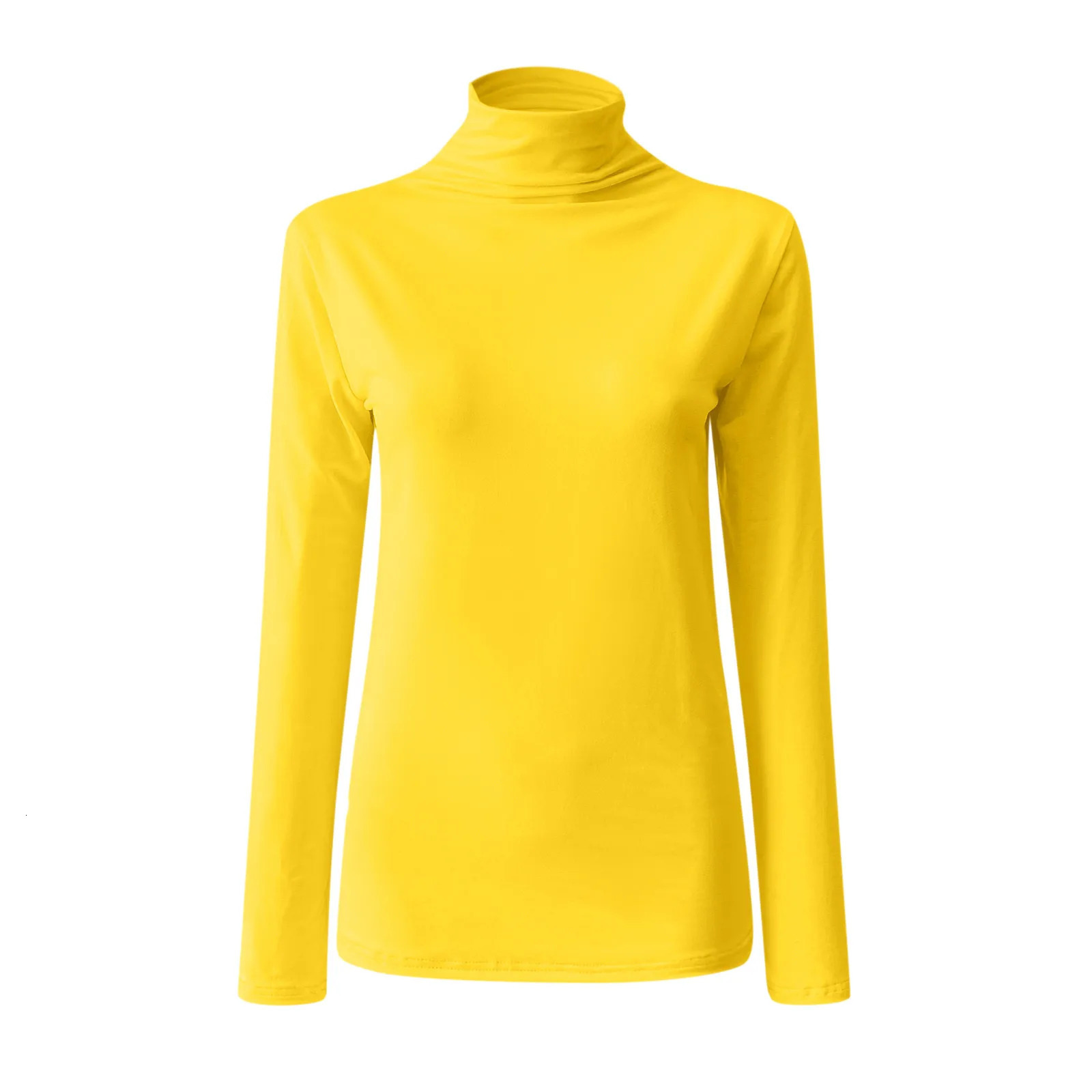 Turtleneck Women Basic TShirt Casual Solid Long Sleeved Blouse Tops Slim Fit Stretchy Versatile Tee Shirts Yellow Black T Shirt 241018