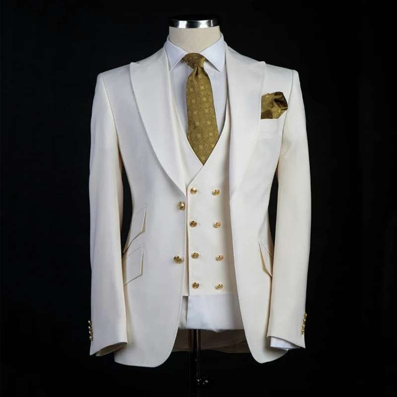 Slim Fit Men Suits For Wedding Groom Tuxedo 3 Piece Peaked Lapel Male Set Jacket With Pants Vest Formal Fashion Costume
