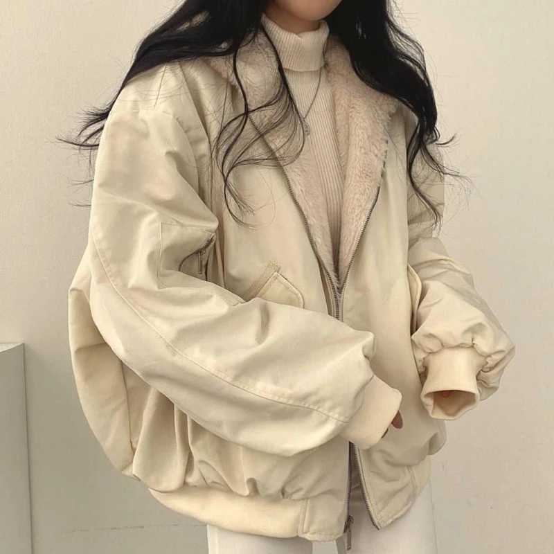 Korean style plus velvet thickened on both sides to wear lamb wool cotton clothing womens coat winter new hooded cotton jacketX241018