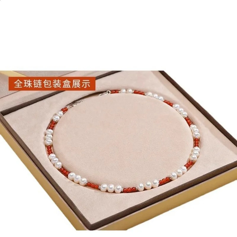 Minar Chinese style red agate natural stone freshwater pearl bead necklace suitable for women silver plated copper chain necklace 241018