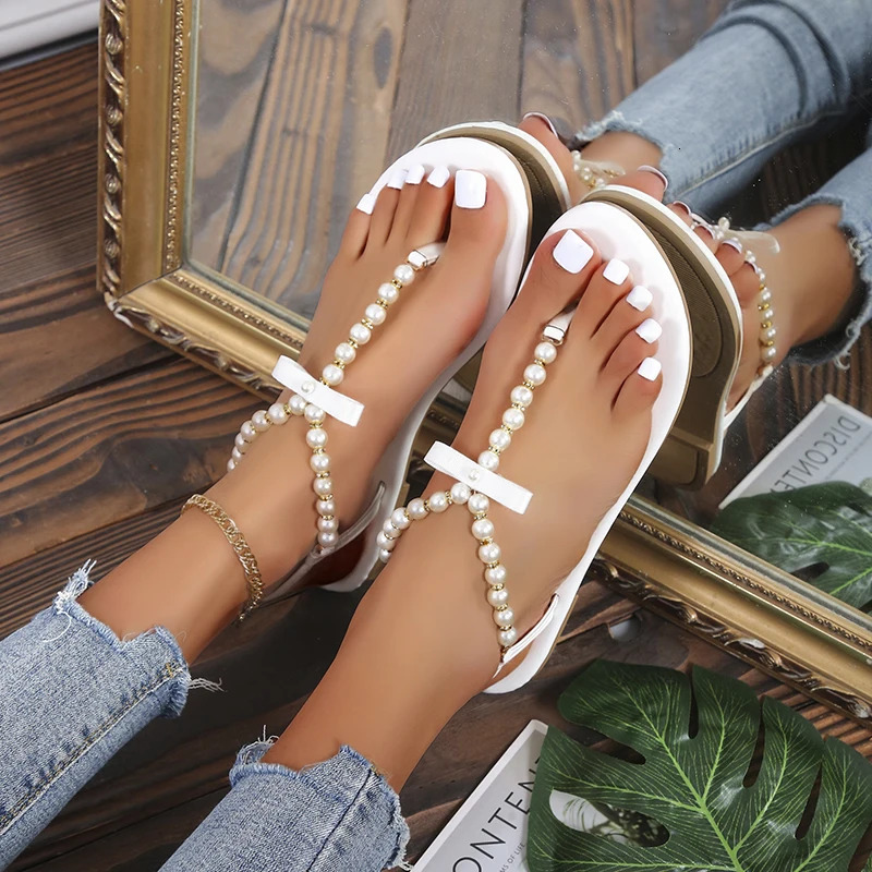 New Summer Women S Flat Clip Toe Pearl String Sandals For Plus Size Flip Flops Trendy Beach Pink Shoes Ddmythur