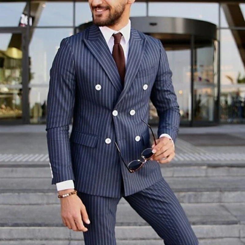 Stripe Business Men Suits Double Breasted Formal Wedding Groom Tuxedo Slim Fit for Dinner 2 Pieces Navy Blue Jacket with Pants