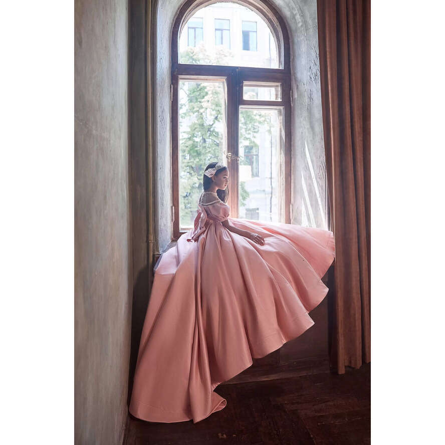 Pink 2022 Girls Cute Pageant Dresses Princess Satin Jewel Neck Short Sleeves Crystal Beads Kids Wer Girl Dress Ball Gown Birthday Gowns Or Length Back