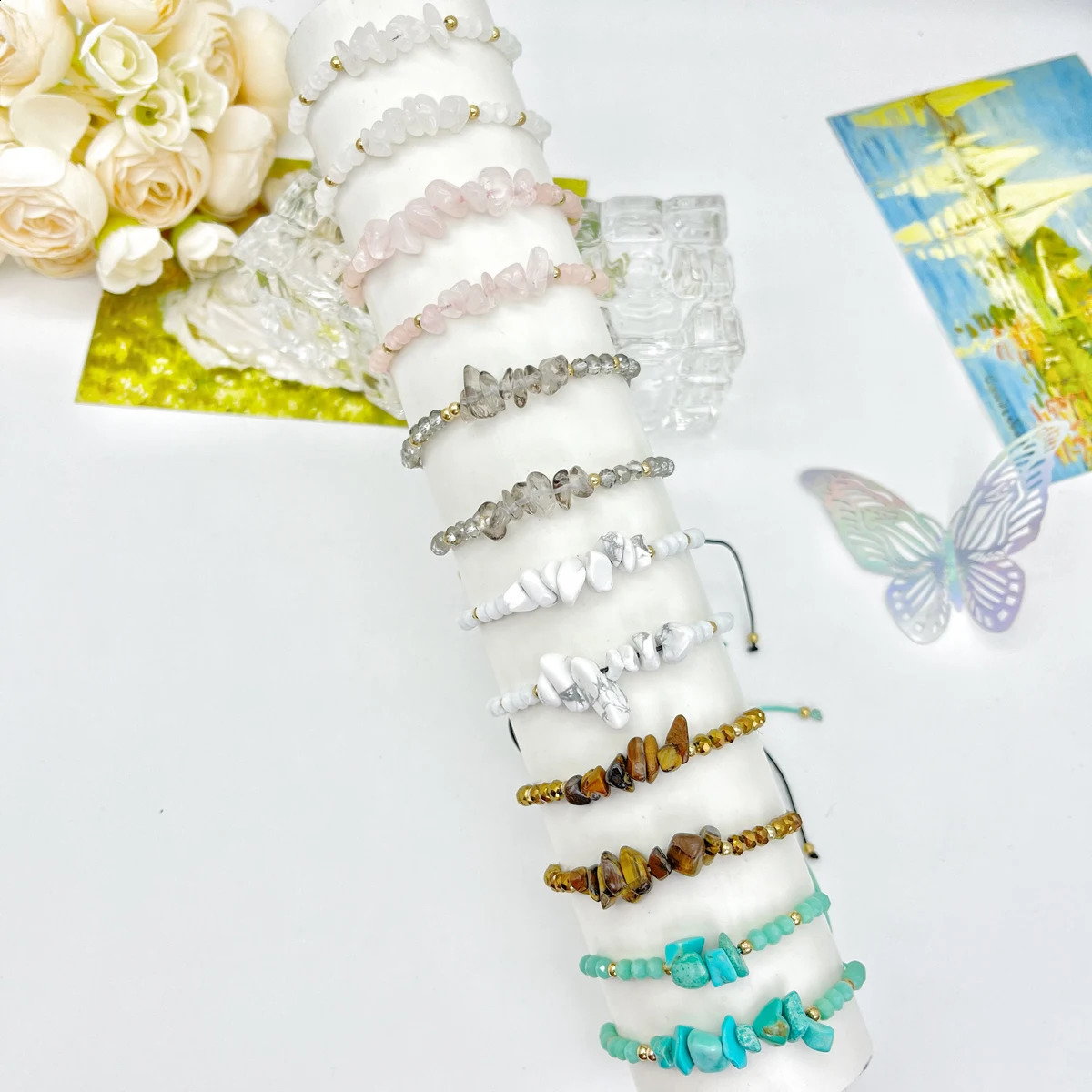 12 pieces/card multi-color natural stone hand woven bracelet irregular bead woven bracelet summer beach style 241018