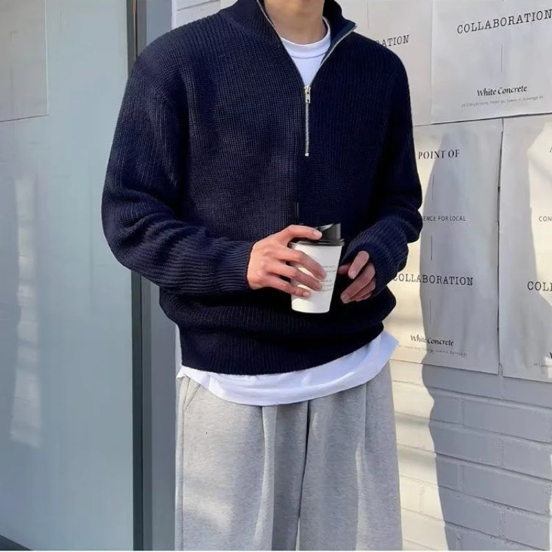 Autumn Winter Standup Collar Halfzip Sweater Mens Handsome Loose Casual High Street Sweaters Men Pullovers Male Clothes 241018