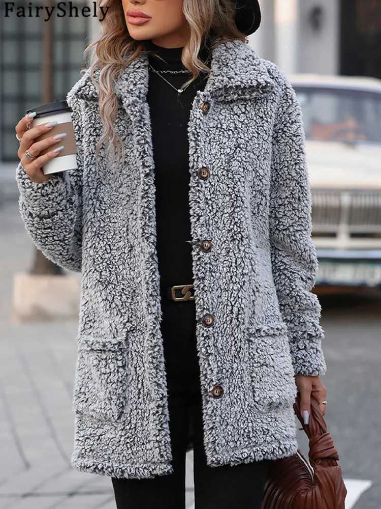 FairyShely 2024 Winter Women Single Breasted Jacket Thick Plush Hooded Warm Long Sleeve Long Coat Soft Solid Cardigan Lady CoatX241018