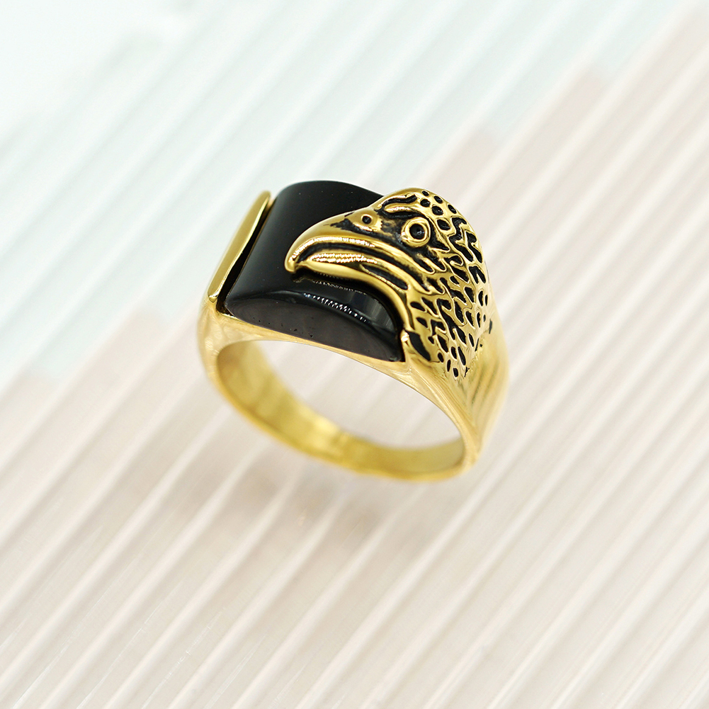 Hip Hop Hawk Head Black Agate Casting Ring Stainless Steel 18k Gold Plated Mens Jewelry