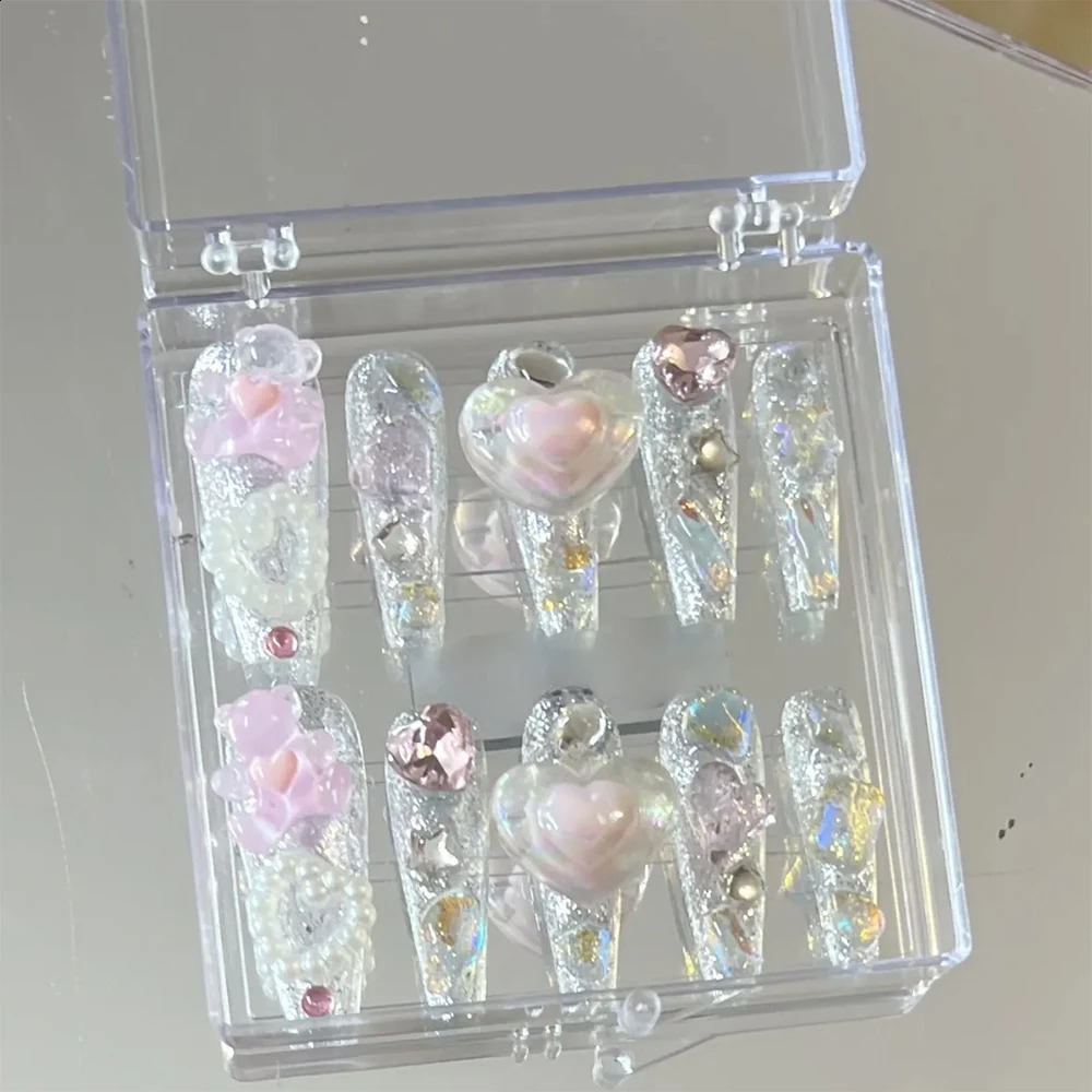 Elegance Long Coffin Handmade false Nails Love Bear Rhinestone Decor Simple Fashion Detachable Reusable Full Cover Nails 241017