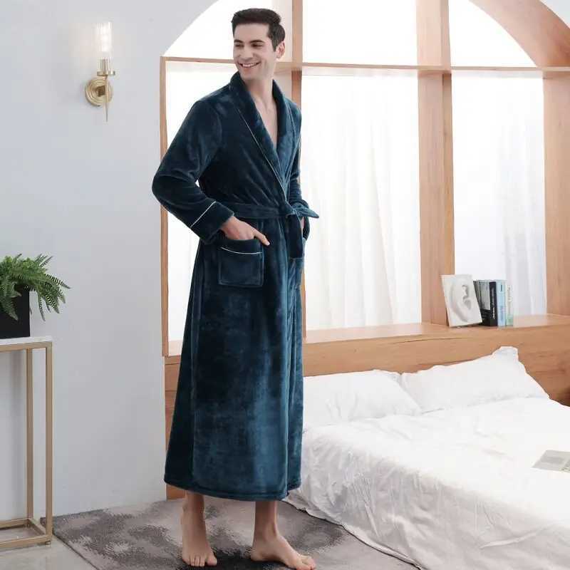 Men Luxury Winter Super Long Thick Warm Pocket Flannel Bathrobe Plus Size Fleece Kimono Bath Robe Couple Night Dressing GownXJ241018