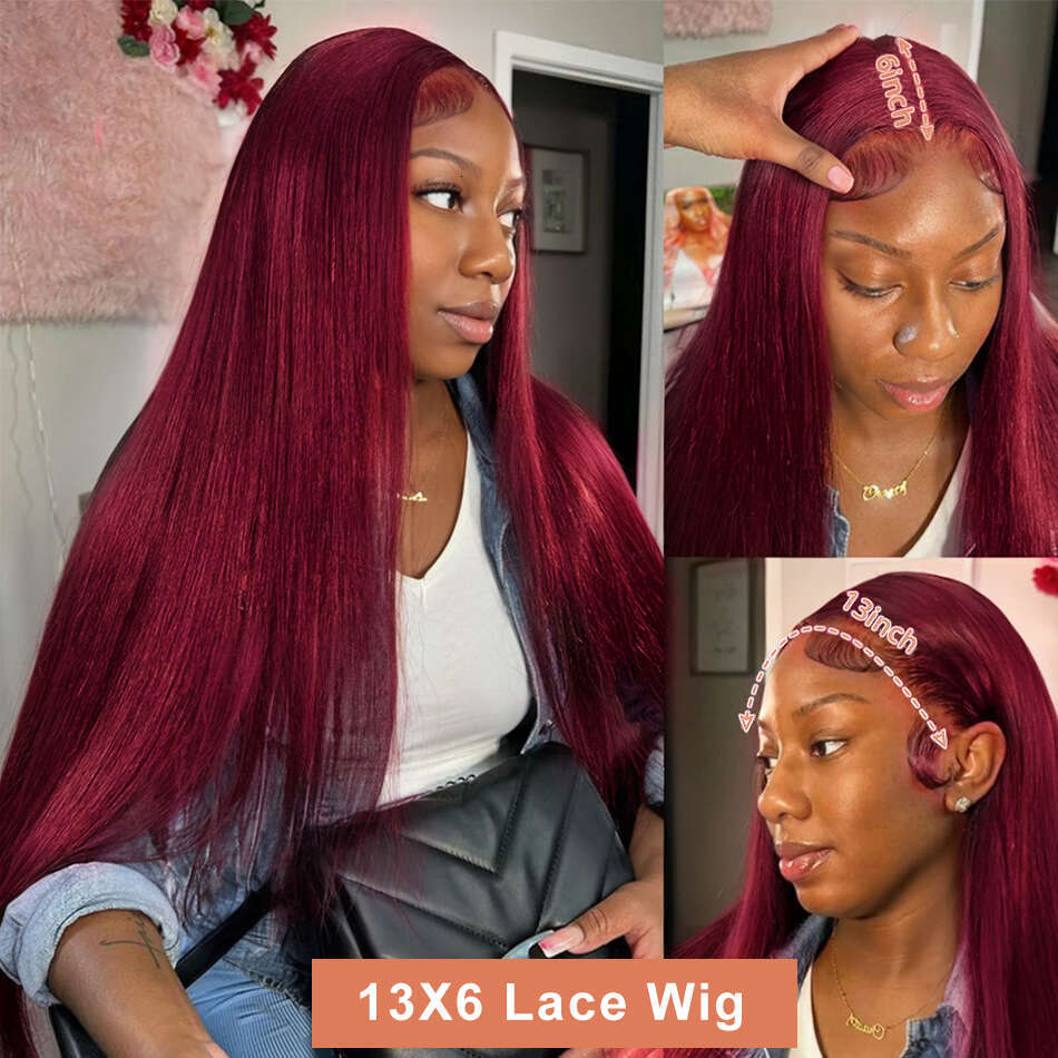 30 34 Inch 99J Bury Colored 13x4 Front Wig Bone Straight 5x5 Closure Glueless 13x6 HD Red Lace Frontal Human Hair Wigs