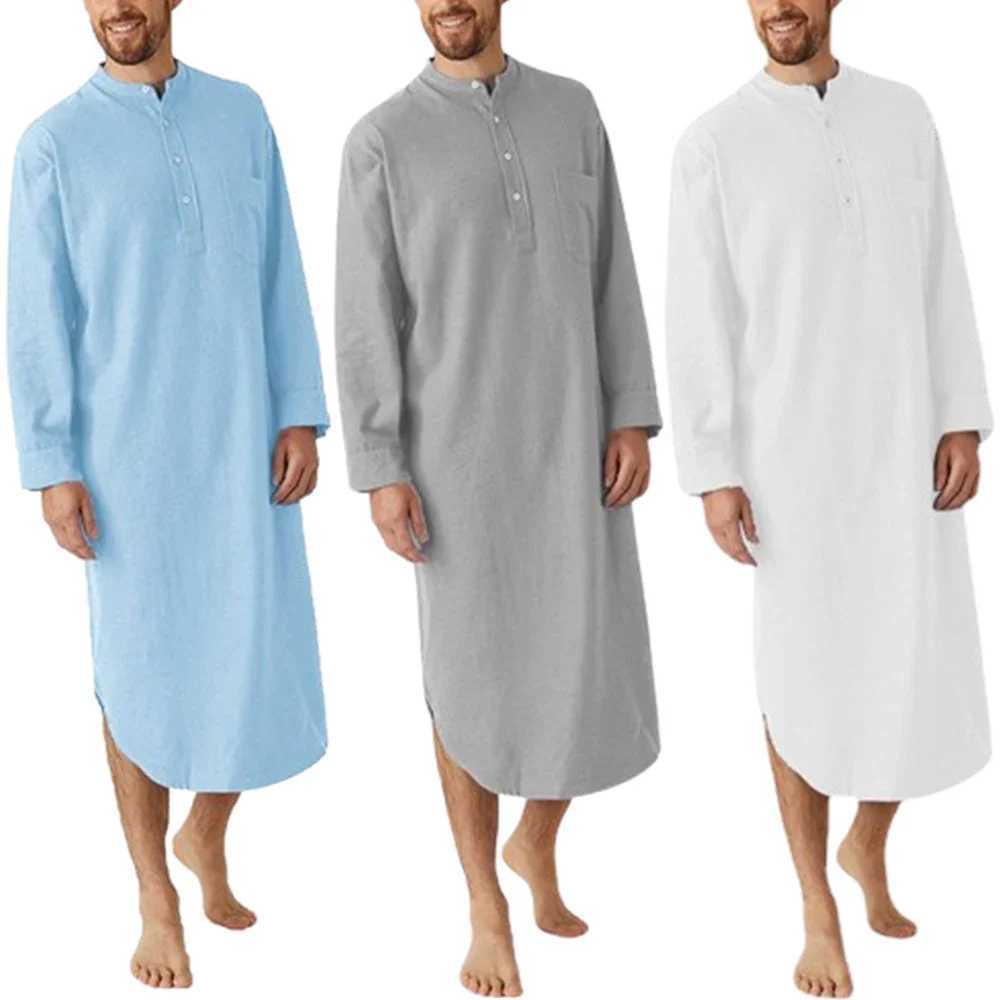 Causal Mens Sleep Robe Solid Color Long Sleeve Nightgown O Neck Button Up Leisure Men Bathrobe Homewear Long Shirt Kaftan ThobeXJ241018