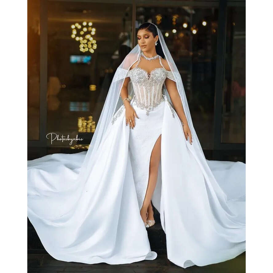 Plus Arabic Aso Ebi Oct Size Lace Mermaid Wedding Dress Beaded Crystals Detachable Train Bridal Gowns Dresses Zj Es 6660311