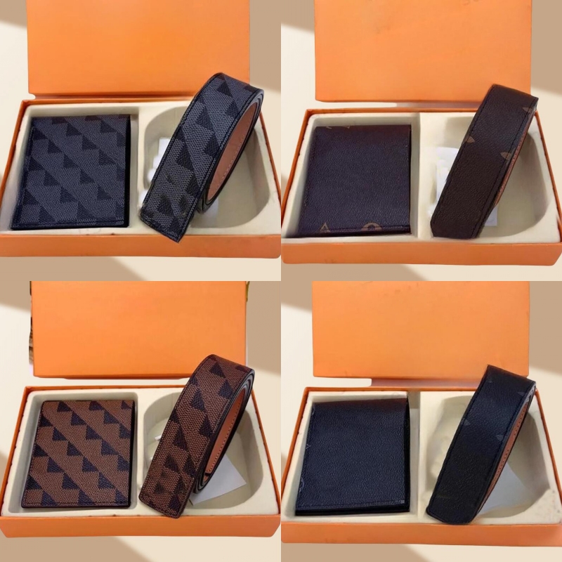 Mens belts wallet gift set leather plaid wer jeans cinto metal buckle casual black brown purse mens belt designer formal ga017 faf076