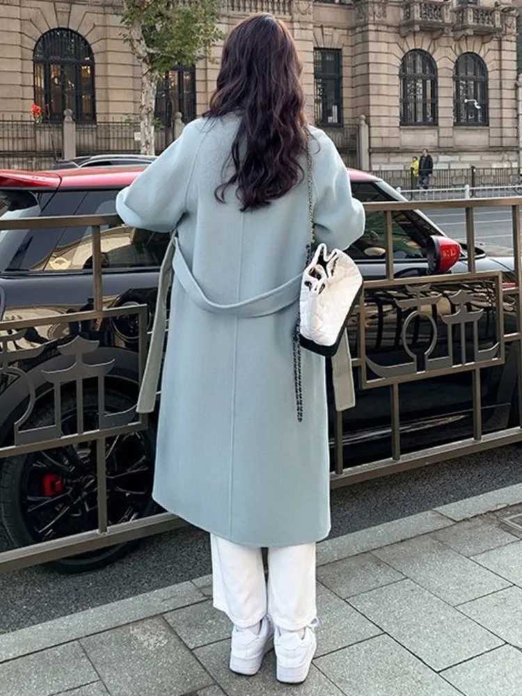 Autumn Winter Loose Woolen Coat for Women Casual Solid Outerwear with Belted Korean Fashion Chic Female Overcoat Clothes NewX241009