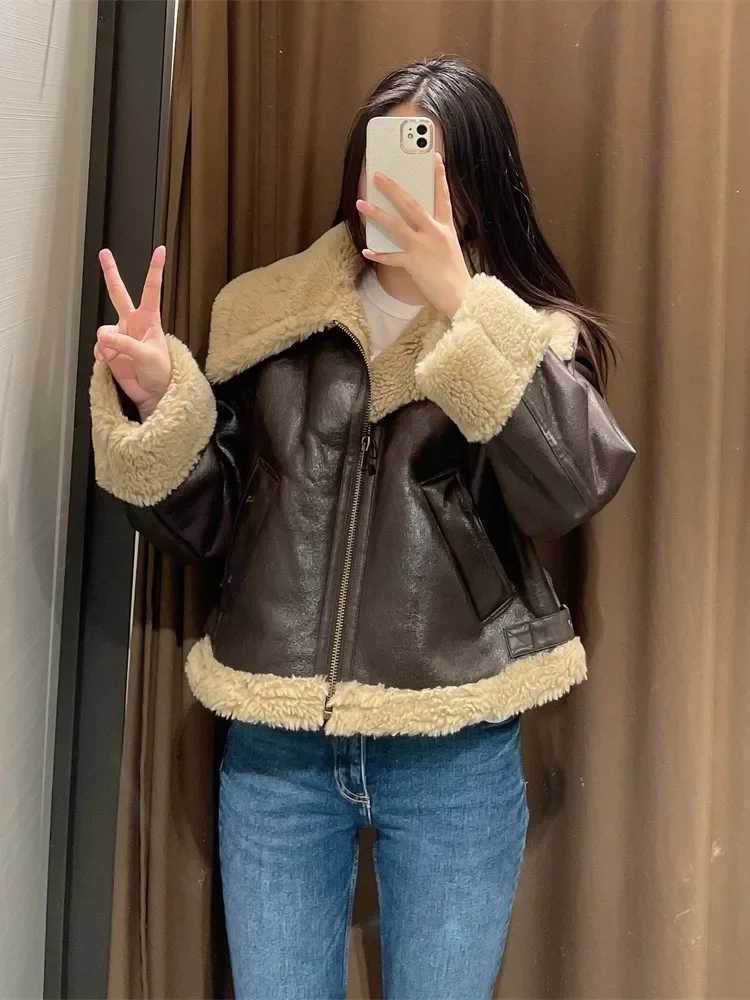 Fashion Fur Coat Women Lamb Wool Lapel Jackets Double-sided Short Women Coat Autumn And Winter Warm Cotton Jacket CoatX241018