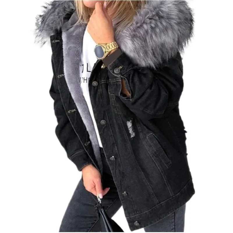 Winter Fur Jacket Women Denim Coats Faux Hooded Jean Thick Long Sleeve Frayed Overcoat Outwear Vintage Cotton Female CoatX241018