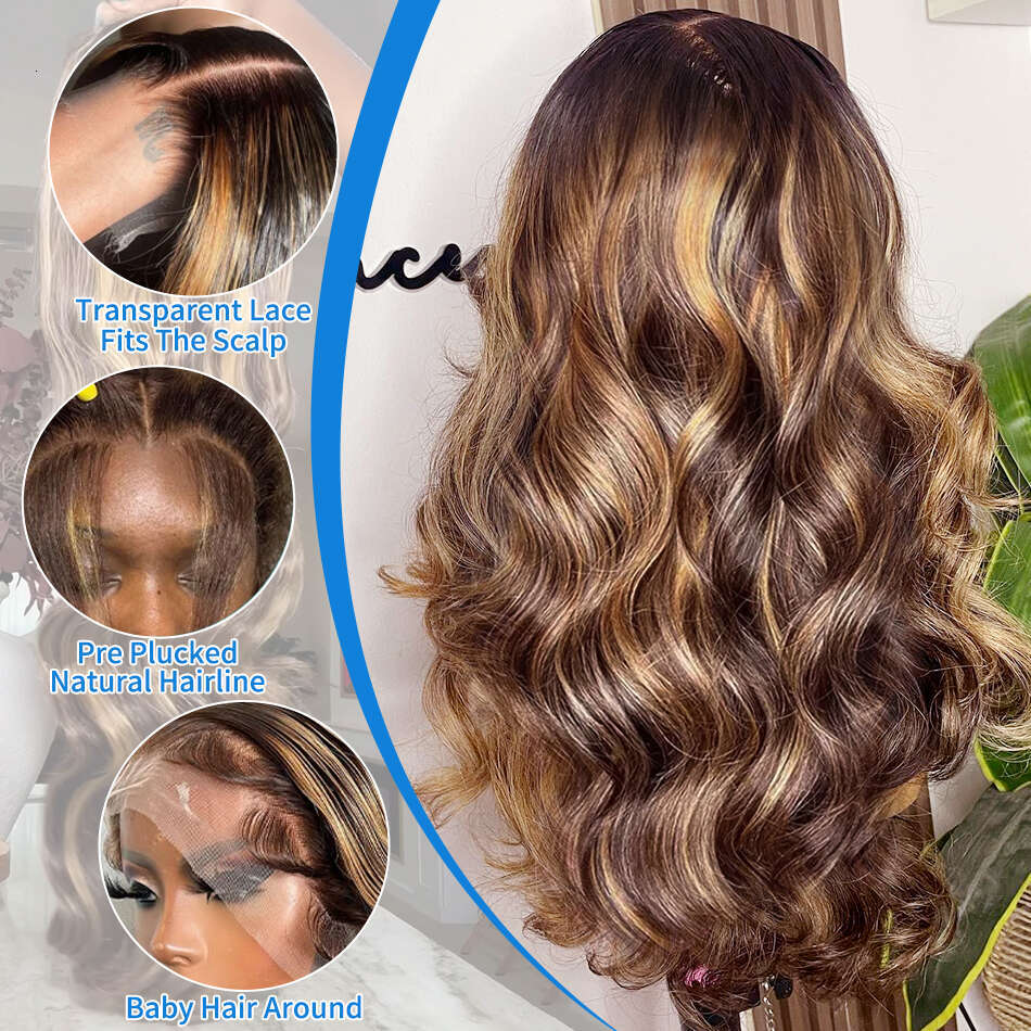 30 Inch Colored Highlight Body Wave HD Front Human Hair Wigs Ombre Blonde 200% 13x6 Transparen Lace Frontal Wig For Women