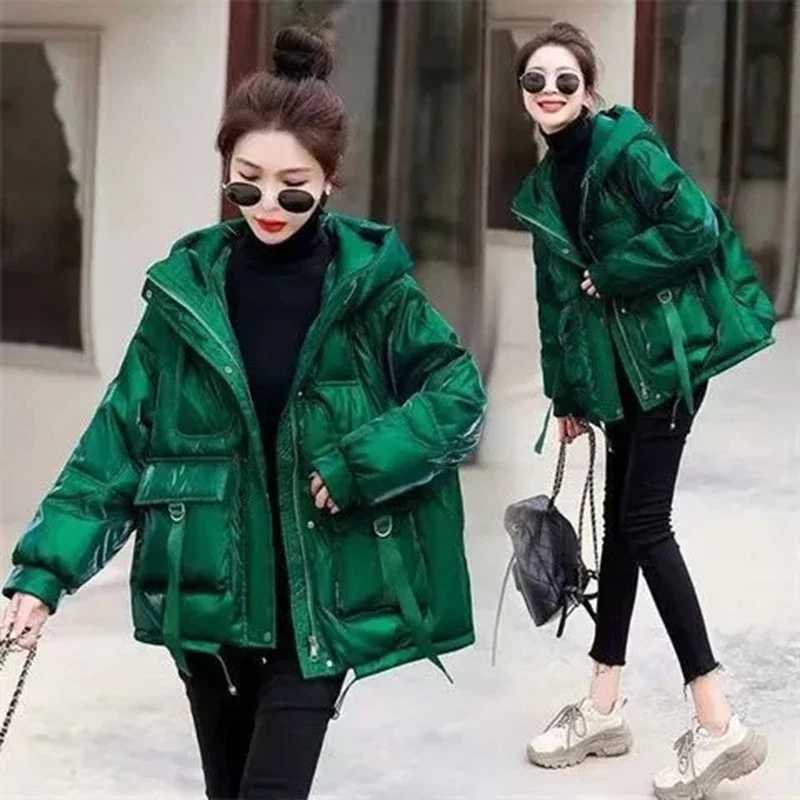 Winter New glossy Down Cotton Jacket Thick Warm Hooded Puffer Jacket Women Parka Oversized Korean Coat Black Red Green Blue topsX241019